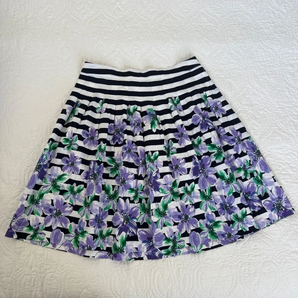 Talbots Petites Floral‎ Striped Pleated A-Line Skirt Navy White Purple 14P EUC